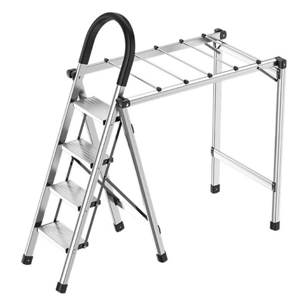 2-in-1 Aluminum 4-Step Folding Ladder & Clothes Airer, Freestanding Multifunctional Step Ladder with Non-Slip Pedals, No Assembly Required, for Indoor & Outdoor Use