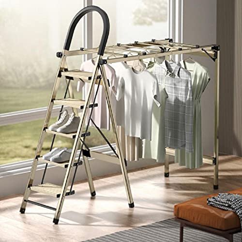 2-in-1 Aluminum 4-Step Folding Ladder & Clothes Airer, Freestanding Multifunctional Step Ladder with Non-Slip Pedals, No Assembly Required, for Indoor & Outdoor Use